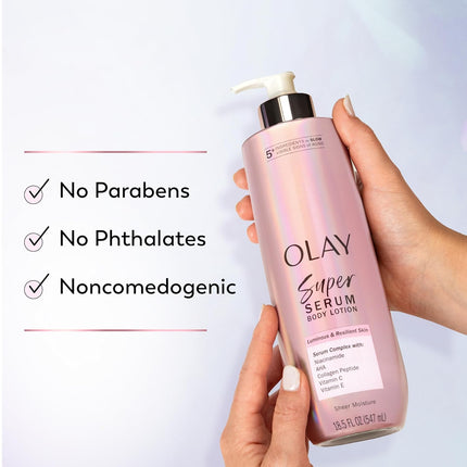 Super Serum Hand & Body Lotion for Dry Skin, 24Hr Long Lasting Hydration, 5+ Ingredient Complex for Bright Even Firm Luminous Skin, Sweet Vanilla & Soft Wood Scent, 18.5 Fl Oz