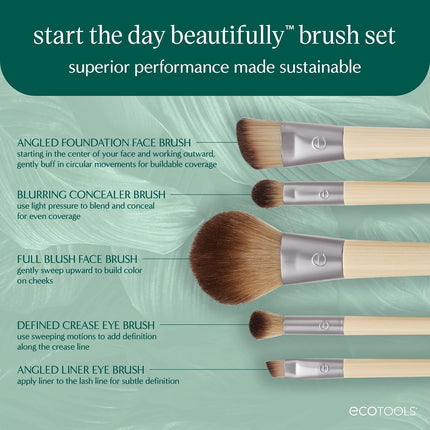 6-Piece Start the Day Beautifully Makeup Brush Set, Makeup Brushes for Eyeshadow, Blush, Concealer, & Foundation Application, Eco-Friendly, Gift Set, Synthetic Hair, Vegan & Cruelty-Free