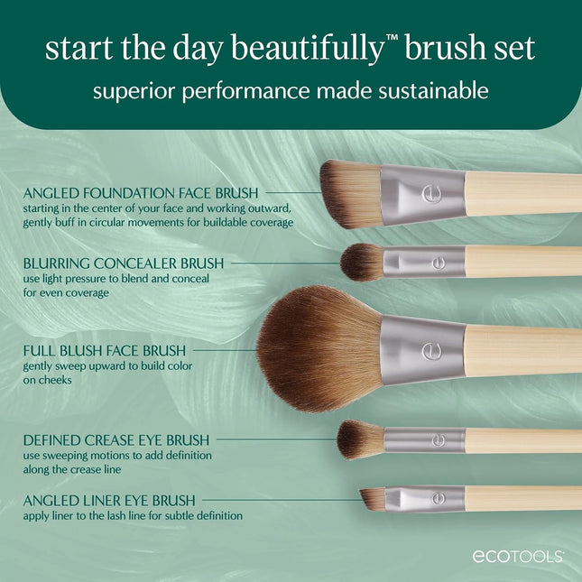 6-Piece Start the Day Beautifully Makeup Brush Set, Makeup Brushes for Eyeshadow, Blush, Concealer, & Foundation Application, Eco-Friendly, Gift Set, Synthetic Hair, Vegan & Cruelty-Free