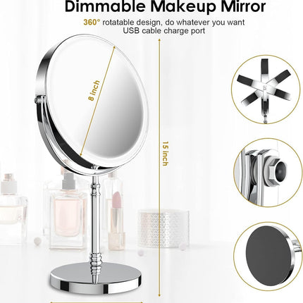 Makeup Mirror, Rechargeable Vanity Mirror with 3 Lights, 1X/10X | Adjustable Brightness, 3000Mah, Double-Sided, Gift for Mom, Women, Wife, Girls, Dorm Room Essential