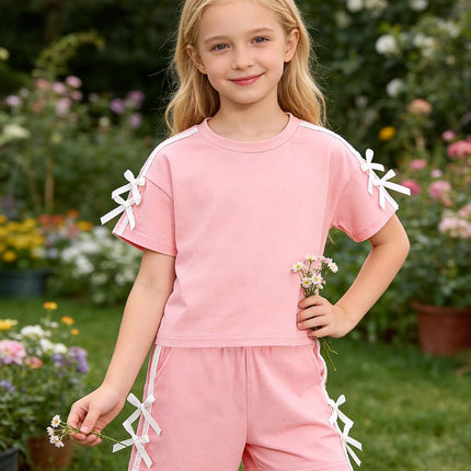 Toddler Girl Clothes 2 Piece Girls Summer Outfits White Bows Short Sleeved Top + Shorts Cute Clothing Set 3T-8Y
