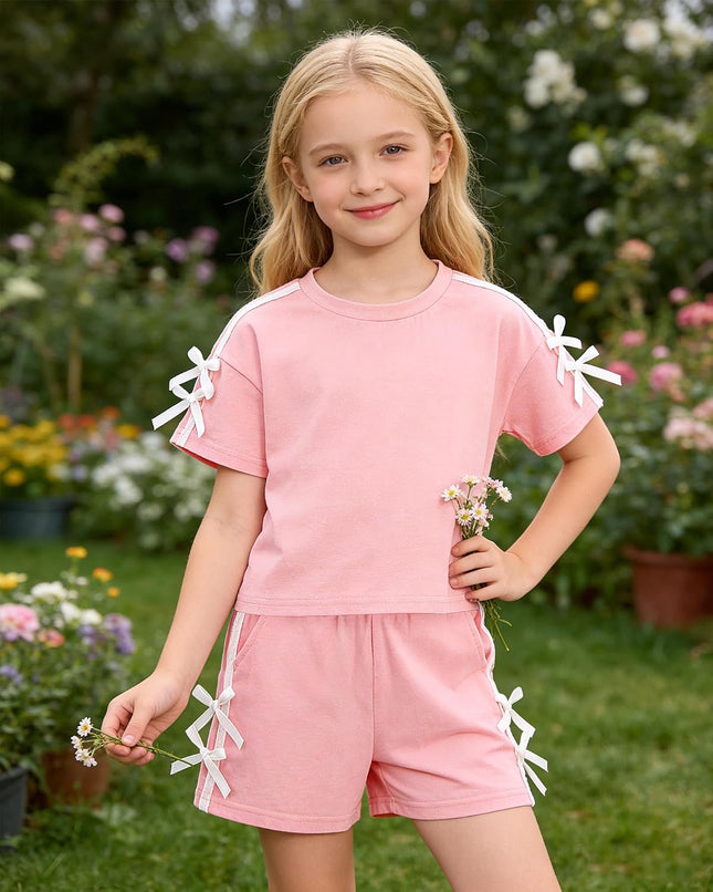 Toddler Girl Clothes 2 Piece Girls Summer Outfits White Bows Short Sleeved Top + Shorts Cute Clothing Set 3T-8Y
