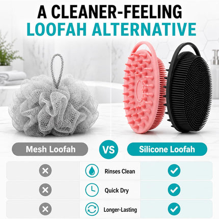 2 Pack Silicone Body Scrubber, Loofah Double-Sided Body Brush,Shower Scrubber and Scalp Massager Shampoo Brush for Sensitive Kids Women Men All Kinds of Skin (Black & Pink)