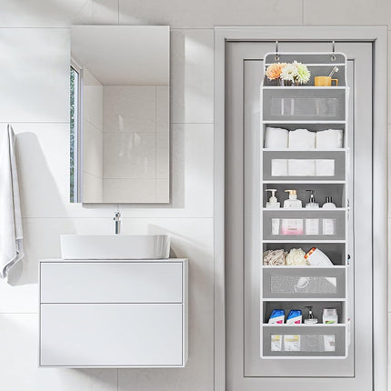 over the Door Organizer Storage, 5 Shelf Hanging Door Organizer with 5 Large Capacity Pockets, anti Tilt 44 Lb Load behind Door Storage for Bedroom, Bathroom, Pantry, Nursery, (Grey)