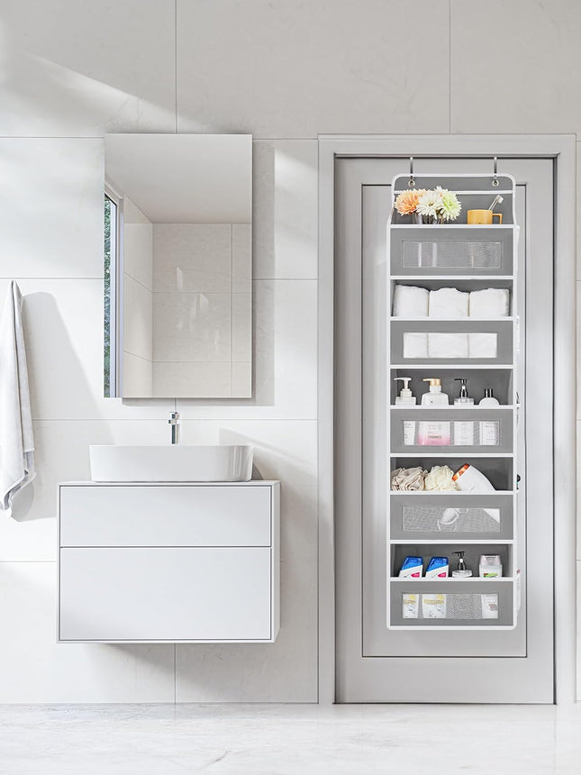 over the Door Organizer Storage, 5 Shelf Hanging Door Organizer with 5 Large Capacity Pockets, anti Tilt 44 Lb Load behind Door Storage for Bedroom, Bathroom, Pantry, Nursery, (Grey)