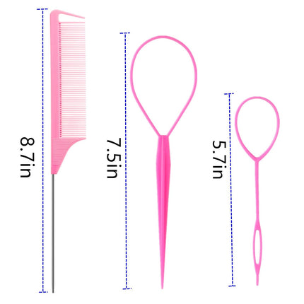 9Pcs Topsy Hair Tail Tool and Rat Tail Comb Set,6Pcs French Braiding Tool Ring,3Pcs Metal Parting Combs,Woman Girl Hair Styling (Pink,Purple, Black)