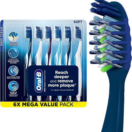 Pro Clean Crossaction Manual Toothbrush, 6- Pack, Medium Soft Bristle Brushes for Adults, Deep Plaque Removal, Daily Gum Health and Fresh Breath, Travel Toiletries