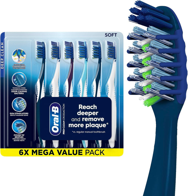 Pro Clean Crossaction Manual Toothbrush, 6- Pack, Medium Soft Bristle Brushes for Adults, Deep Plaque Removal, Daily Gum Health and Fresh Breath, Travel Toiletries