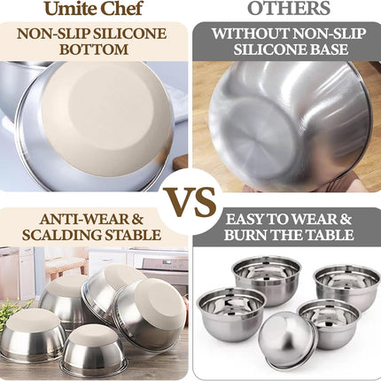 Mixing Bowls with Airtight Lids Set, 8PCS Stainless Steel Nesting Bowls with Grater Attachments, Non-Slip Bottoms, 5, 4, 3.5, 2, 1.5QT for Mixing & Serving