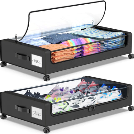 Beborxue under Bed Storage with Wheels, 2-Pack under the Bed Storage Containers with Lids, XXL 60L under Bed Shoes Storage Organizer Bins, Rolling Underbed Storage for Clothes, Shoes, Blankets (Black)