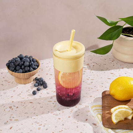 Ava 18Oz Glass Tumbler with Straw and Lid | Premium Ribbed Glass with Silicone Grip, Car Cup Friendly, Dishwasher Safe, BPA Free | Iced Coffee, Water, Matcha, Juice Cup | Butter Yw