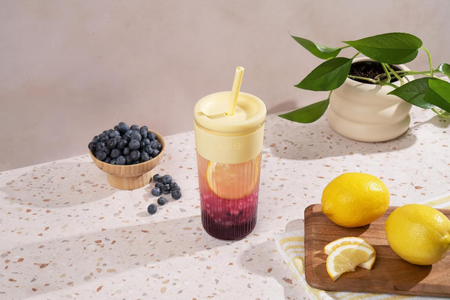 Ava 18Oz Glass Tumbler with Straw and Lid | Premium Ribbed Glass with Silicone Grip, Car Cup Friendly, Dishwasher Safe, BPA Free | Iced Coffee, Water, Matcha, Juice Cup | Butter Yw