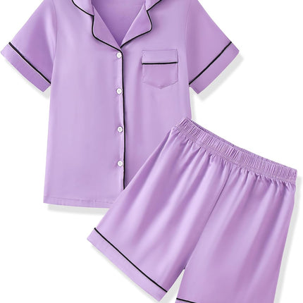Girls Pajamas 2 Piece Summer Soft Silk Satin Short Sleeve Pajama Set Cute Pjs Sleepwear for Kids Size 6-16 Years