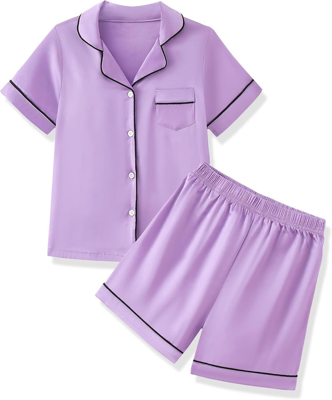Girls Pajamas 2 Piece Summer Soft Silk Satin Short Sleeve Pajama Set Cute Pjs Sleepwear for Kids Size 6-16 Years