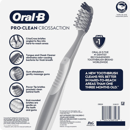 Pro Clean Crossaction Manual Toothbrush, 6- Pack, Medium Soft Bristle Brushes for Adults, Deep Plaque Removal, Daily Gum Health and Fresh Breath, Travel Toiletries