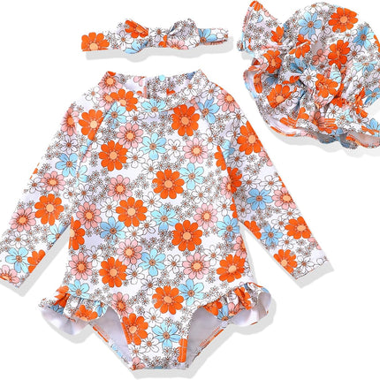 Baby Girl Swimsuit Long Sleeve One-Piece Swimwear with Hat Rash Guard Ruffle Floral Zipper Beach Infant Bathing Suit