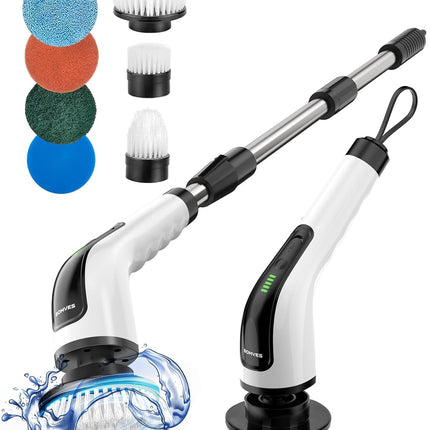 Electric Spin Scrubber, Power Shower Cleaning Brush with Long Handle | Cordless Cleaning Scrubber, 7 Replaceable Brush Heads, 90Mins Work Time, 3 Adjustable Size, 2 Speeds for Bathroom Cleaner