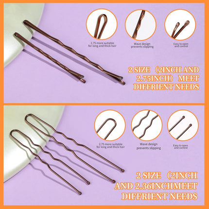 300Pcs Bobby Pins Hair Pins Kit, 100 Hair Pin for Women 100 Bobby Pins Brown and 100 Hair Bands, Hair Pins for Buns 2Inch 2.36Inch 2.75Inch