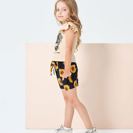 Kid Toddler Girl Clothes Summer Ruffle Sleeve Figure Graphic Shirt + Shorts Summer Outfits Set