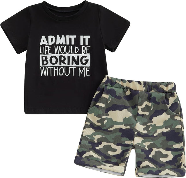 Toddler Kids Baby Boy Summer Clothes Sets 1T 2T 3T 4T 5T Letter Print Short Sleeve Tops Camouflage Shorts Outfits