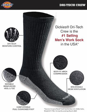 Dickies Men's Dri-Tech Crew Socks 6-Pair Pack – Moisture Control, Large, Black