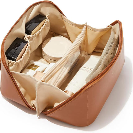 Travel Makeup Bag, Large Capacity Cosmetic Bag for Women, Waterproof PU Leather, Flat Open Portable Toiletry Bag for Skincare, Brushes & Travel Essentials