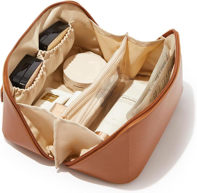 Travel Makeup Bag, Large Capacity Cosmetic Bag for Women, Waterproof PU Leather, Flat Open Portable Toiletry Bag for Skincare, Brushes & Travel Essentials