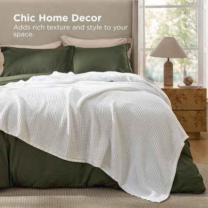 Bedsure 100% Cotton Waffle Weave Blanket Queen Size – Soft Breathable Cooling Summer Blanket, Thick Cozy Bed Blanket for All Seasons, White, 90 x 90 Inches