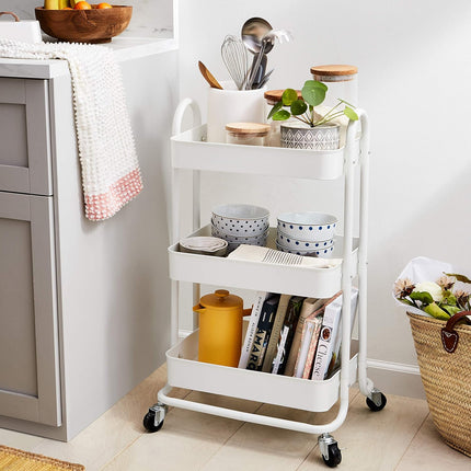 3 Tier Rolling Utility Cart, Multifunctional Storage Organizer with Lockable Wheels, Mobile Shelving Unit for Kitchen, Bathroom, Office, Laundry Room & Home Organization, White