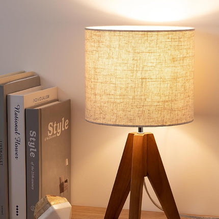 Tripod Table Lamp, Small Cute Bedside Lamp, 14.2 Inch, E26 Base | Light Brown Wooden Base, Linen Beige Lampshade, Nightstand Lamp for Nursery, Bedroom, Kid Room, Living Room