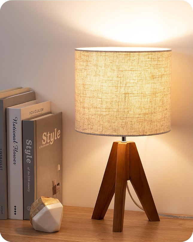 Tripod Table Lamp, Small Cute Bedside Lamp, 14.2 Inch, E26 Base | Light Brown Wooden Base, Linen Beige Lampshade, Nightstand Lamp for Nursery, Bedroom, Kid Room, Living Room