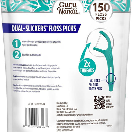 Dual Slickers Floss Picks - Double Threaded Dyneema Dental Floss with Foldable Toothpick for Effective Plaque Removal - Unflavored- 150 Ct