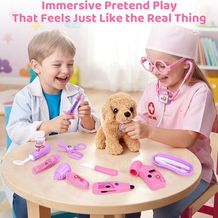Toy Doctor Kit for Girls, Pretend Play Toy Doctor Set with Dog , Carrying Bag, Stethoscope & Dress up Costume Gift for Kids Toddlers Ages 3 4 5 6 Year Old for Role Play