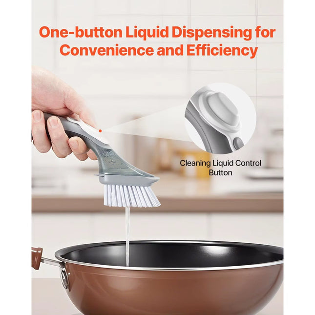 Transform Your Dishwashing Routine with Our Soap Dispensing Kitchen Scrub Brushes – 3 Brush Heads for Effortless Cleaning of Pots, Pans, and More!