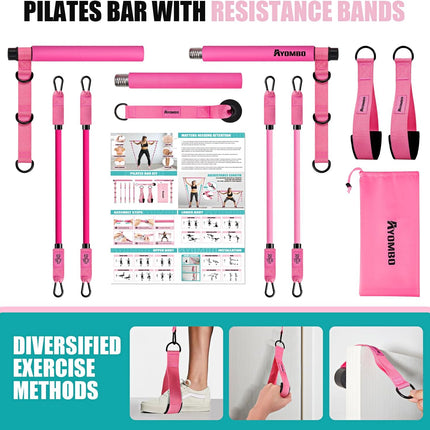Pilates Bar Kit with Resistance Bands, Pilates Workout Equipment for Legs, Hip, Waist, Arm, Squats Exercise Equipment for Home Workouts, Adjustable 3-Section Pilates Bar Kit for Women & Men