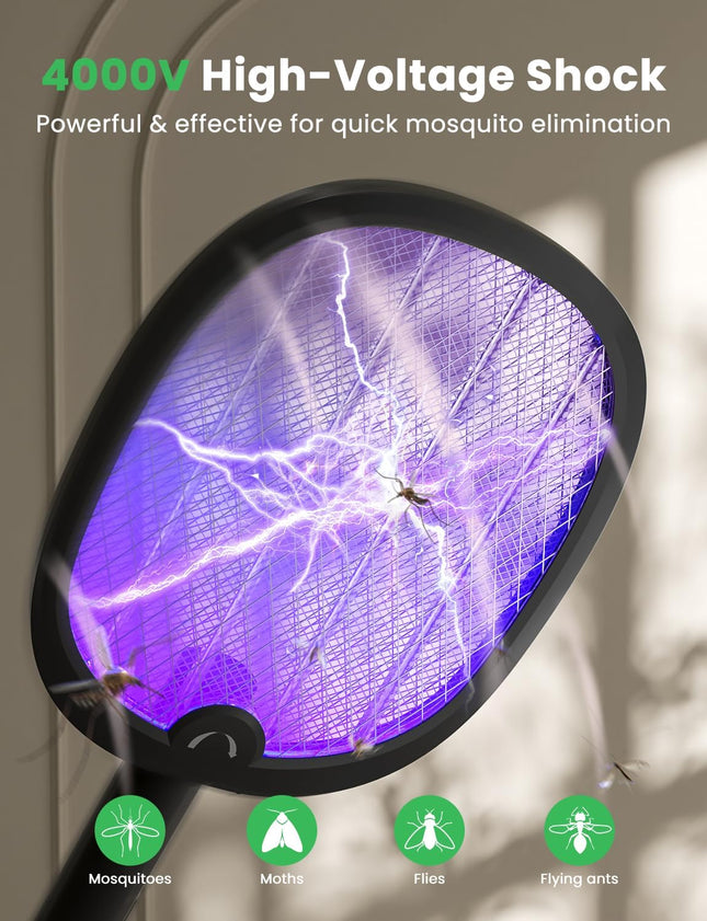 Electric Fly Swatter Foldable Bug Zapper Racket 2 in 1 Mosquito Killer with Purple Attractant Light Rechargeable 1800Mah for Indoor Home Backyard Patio Camping