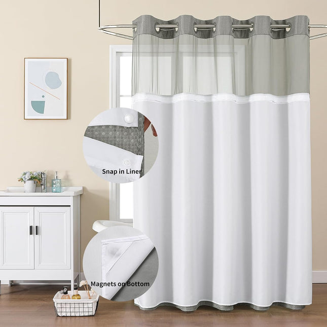No Hook Shower Curtain with Snap in Fabric Liner, Waffle Weave Heavy Duty Thick Shower Curtains with Mesh Top Window, Hotel Style Waterproof Bathroom Curtain Set, 72 X 75 Inch, Grey