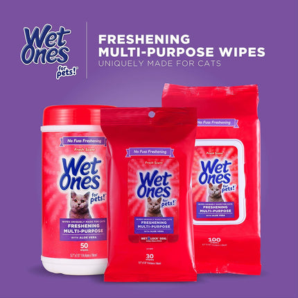 for Pets Freshening Multipurpose Cat Wipes with Aloe Vera, Fresh Scent - Easy to Use Cat Freshening and Grooming Wipes with Wet Lock Seal, 100 Count - 12 Pack