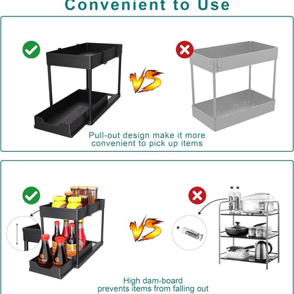 under Sink Organizer 2 Pack, Bathroom Cabinet Organizer, 2 Tier Sliding Cabinet Basket Organizer Drawer, Multi-Purpose Bath Collection Baskets for Bathroom (Black)