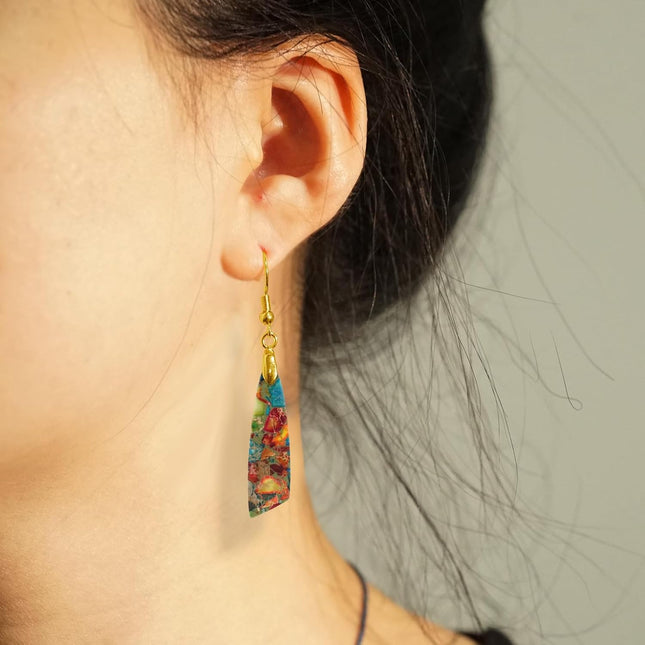 Natural Healing Stone Fishhoop Dangle Drop Earrings Statement Gold Silver Earrings