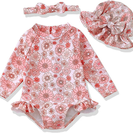 Baby Girl Swimsuit Long Sleeve One-Piece Swimwear with Hat Rash Guard Ruffle Floral Zipper Beach Infant Bathing Suit