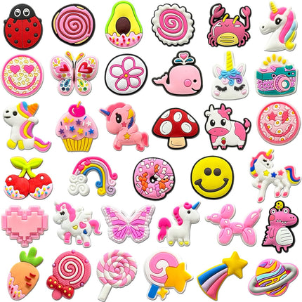 36-Piece Cute Pink Shoe Charms for Girls & Kids – Kawaii Butterfly, Heart, Unicorn, Rainbow, Animal, Fruit, Ice Cream, Lollipop & Happy Face Charms, Adorable Shoe Accessories for Clogs and Sandals, Birthday Gift & Party Favor