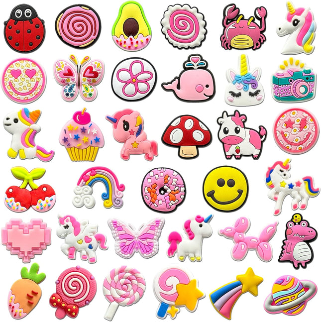 36-Piece Cute Pink Shoe Charms for Girls & Kids – Kawaii Butterfly, Heart, Unicorn, Rainbow, Animal, Fruit, Ice Cream, Lollipop & Happy Face Charms, Adorable Shoe Accessories for Clogs and Sandals, Birthday Gift & Party Favor