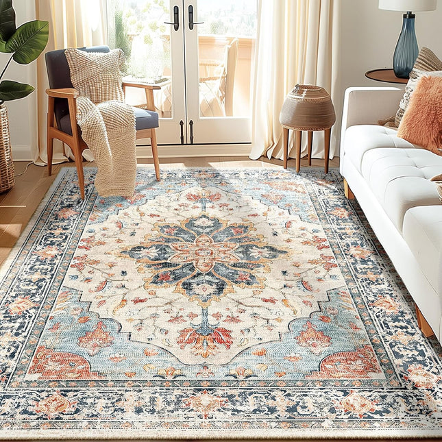 Area Rugs 5'X7' Washable Non-Slip, Floral Vintage Distress Medallion Carpet for Living Room Bedroom Dining Room, Beige Navy Blue Orange Colorful