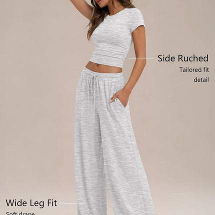 2 Piece Matching Summer Lounge Set Womens Side Ruching Top Wide Leg Pants Sets with Pockets