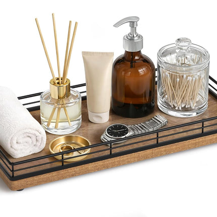 Bathroom Vanity Tray for Countertop, 12" X 6" Acacia Wood Toilet Tank Tray | Metal Guardrail, Bathroom Organizer for Soap, Perfume & Skincare, Non-Slip Decorative Tray for Dresser, Black & Acacia