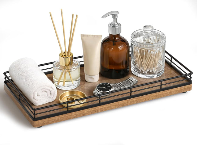 Bathroom Vanity Tray for Countertop, 12" X 6" Acacia Wood Toilet Tank Tray | Metal Guardrail, Bathroom Organizer for Soap, Perfume & Skincare, Non-Slip Decorative Tray for Dresser, Black & Acacia