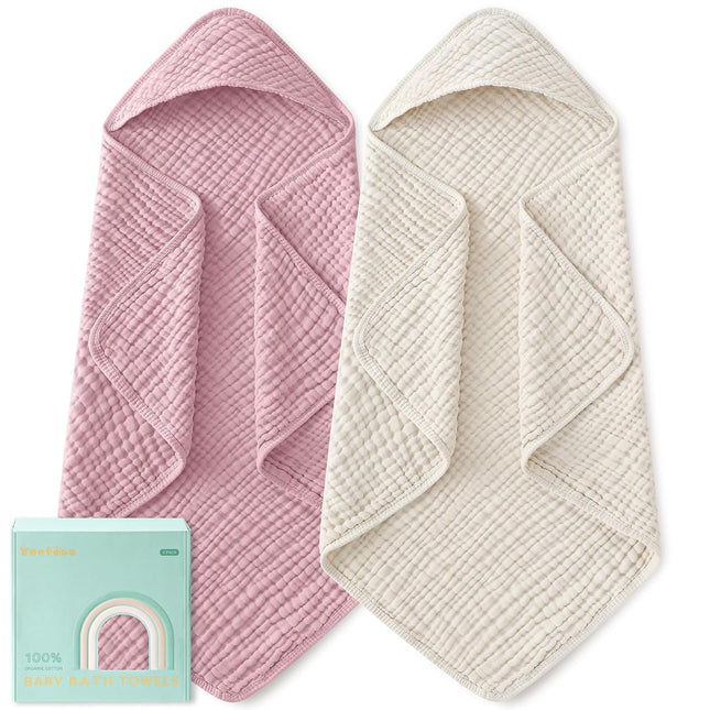 Hooded Baby Towels for Newborn 2 Pack 100% Muslin Organic Cotton Baby Bath Towel with Hood for Babies, Infant, Toddler and Kids, Large 32X32Inch, Soft and Absorbent Newborn Essential