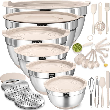 Mixing Bowls with Airtight Lids Set, 26PCS Stainless Steel Khaki Bowls with Grater Attachments, Non-Slip Bottoms & Kitchen Gadgets Set, Size 7, 4, 2.5, 2.0,1.5, 1QT, Great for Mixing & Serving