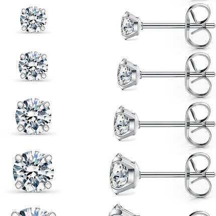 6 Pairs Stud Earrings Set, Hypoallergenic Cubic Zirconia 316L Earrings Stainless Steel CZ Earrings 3-8Mm (Steel Color)